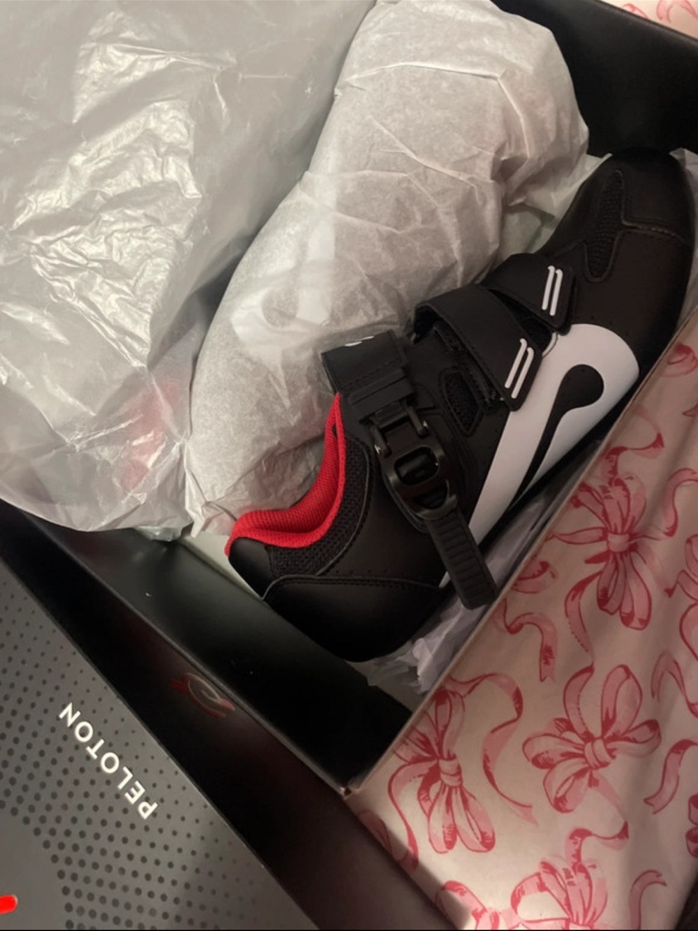 Peloton Black and White Cycling Shoe with Red Interior